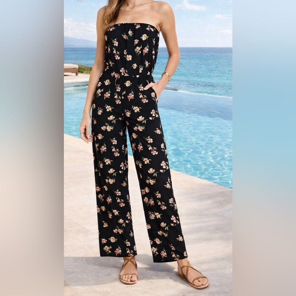 Forever 21 Black Floral Strapless Jumpsuit | Size S
